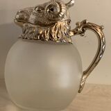 Decanting carafe or frosted glass water broc with silver metal ram head 1970