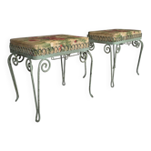 Pair of Italian wrought iron stools with floral upholstery, 1950s