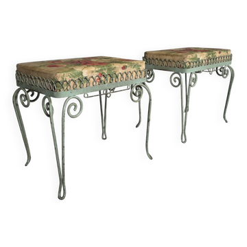 Pair of Italian wrought iron stools with floral upholstery, 1950s