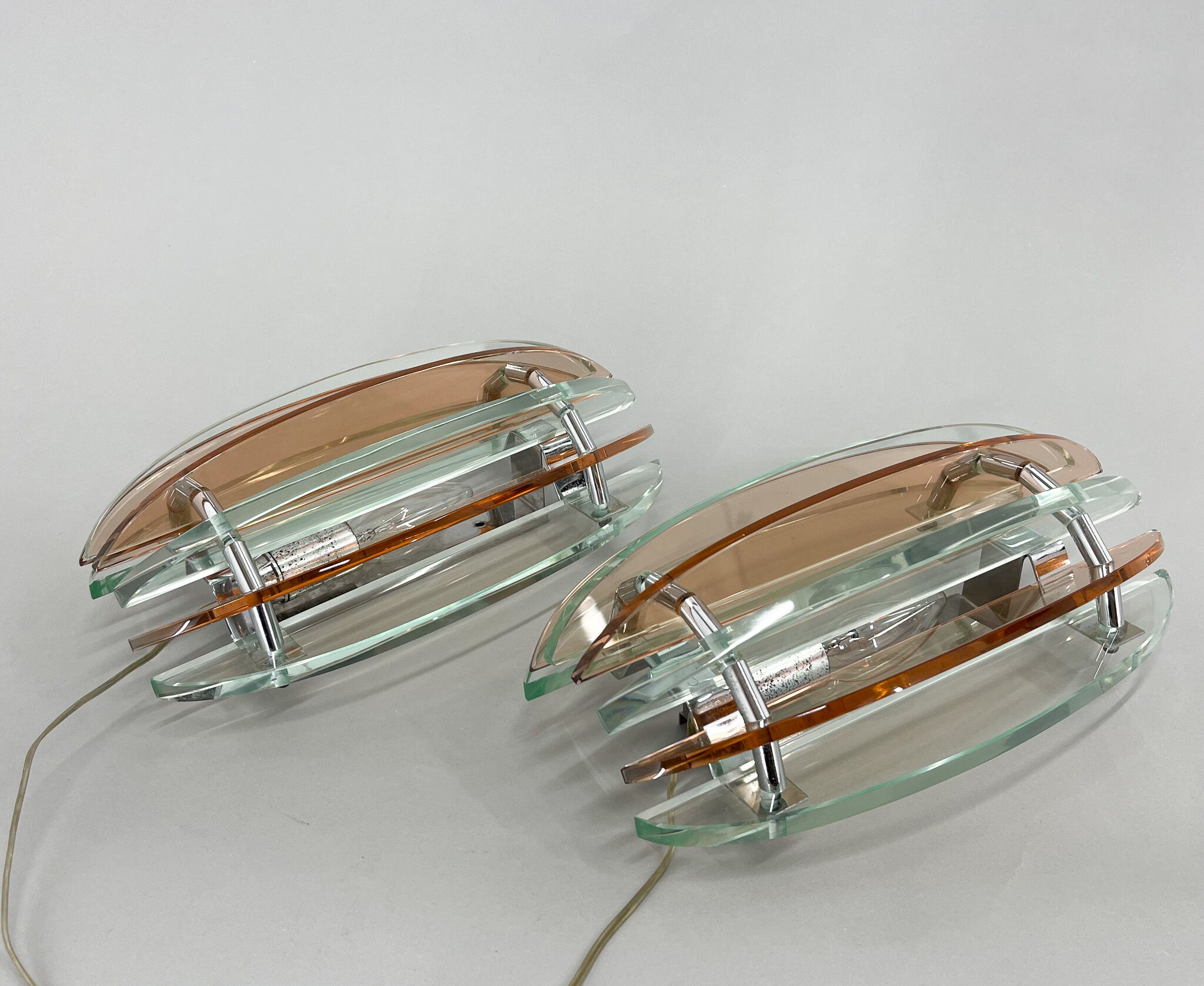 Pair of Italian Murano Glass & Chrome Sconces by Veca, Marked