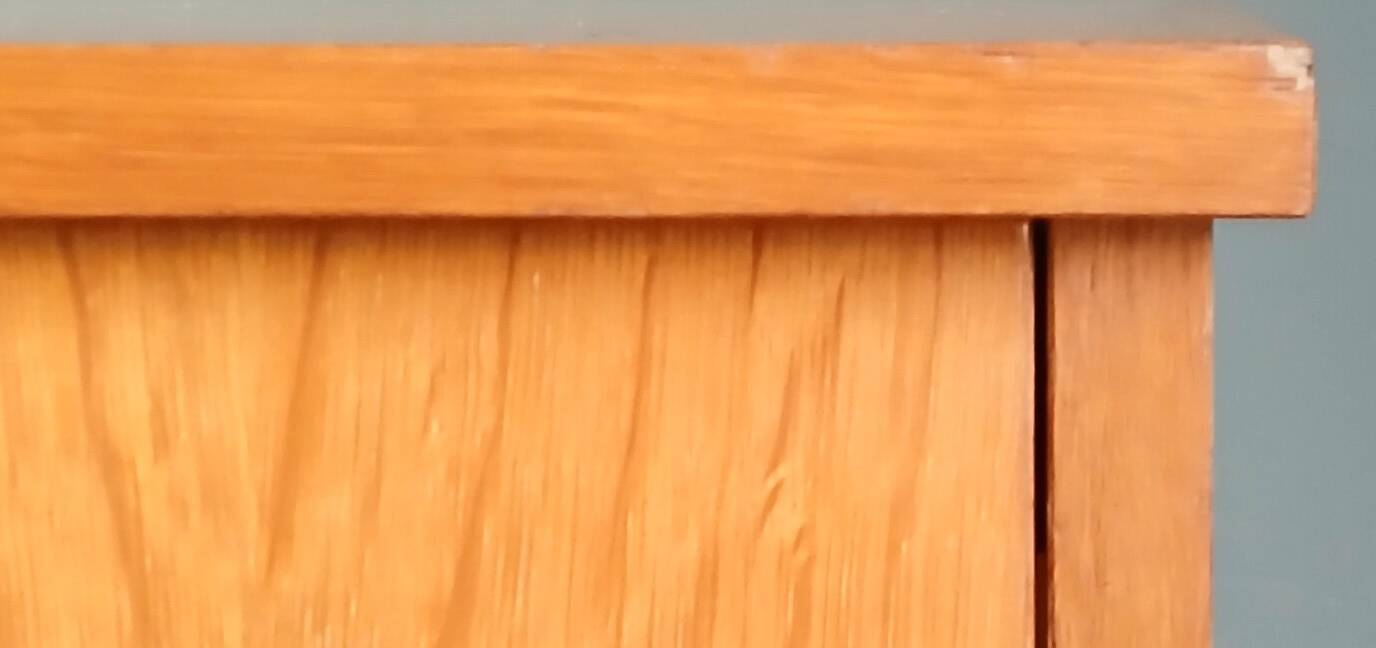 Nightstand in golden oak veneer. Around 1970.