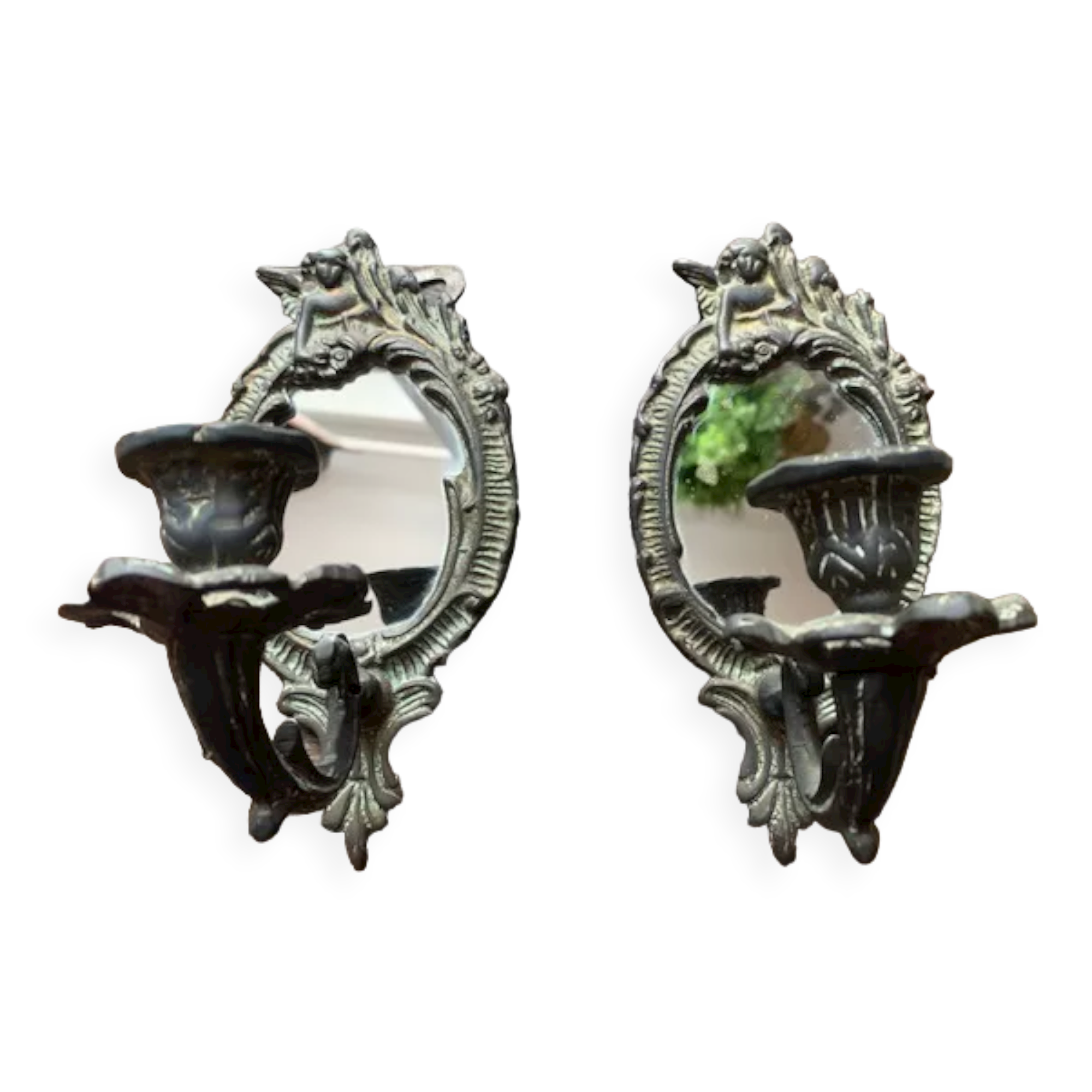 Pair of antique bronze candle holders