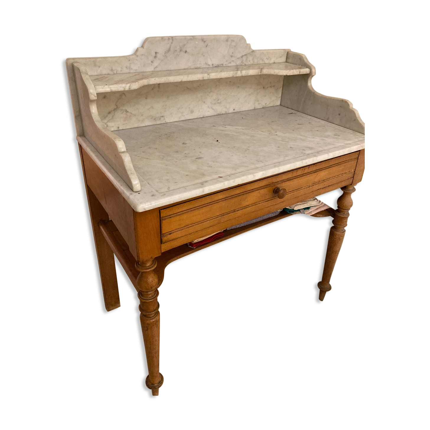 Table de toilette ancienne en bois blond avec dessus marbre en parfait état