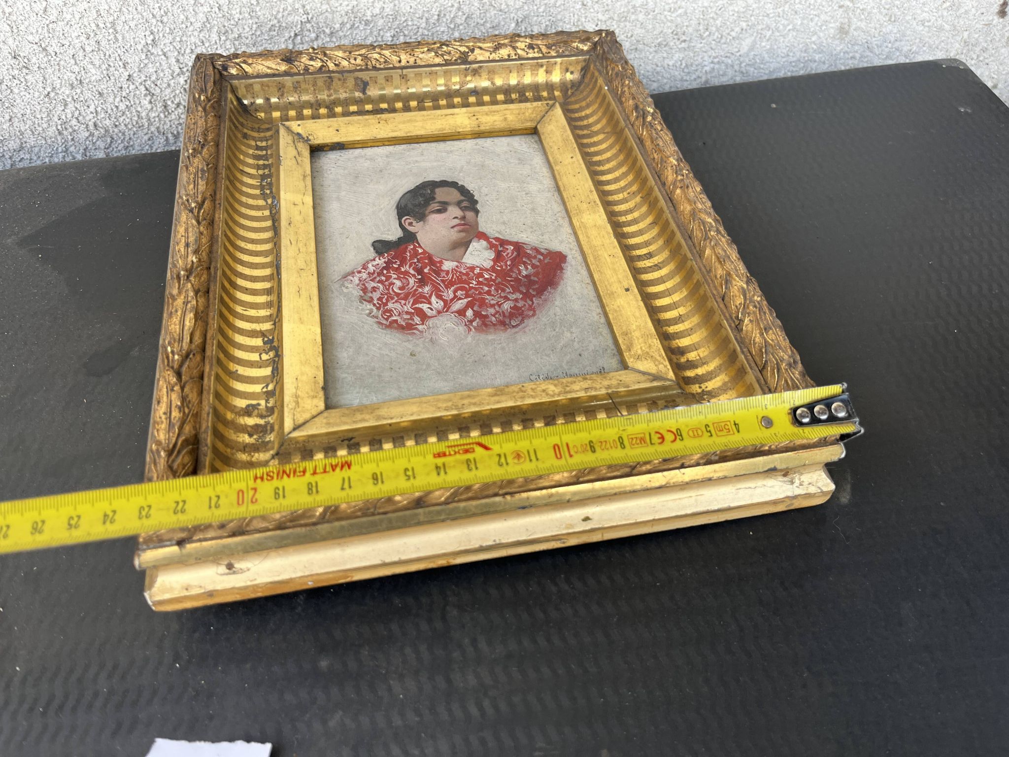 Old Table XIX Portrait of a Woman in Traditional Costume - Signed Célest