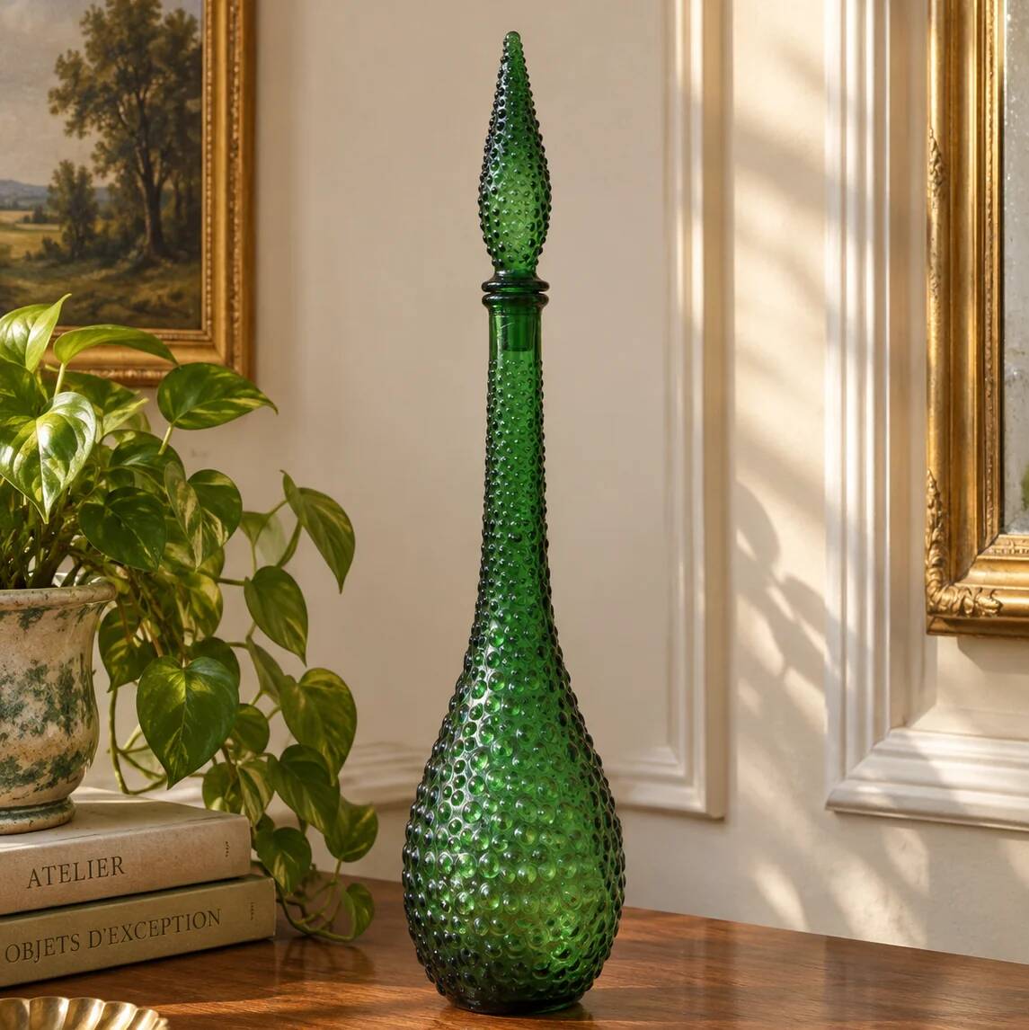 Large decorative vintage green glass carafe/bottle with relief – H57 cm