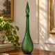 Large decorative vintage green glass carafe/bottle with relief – H57 cm