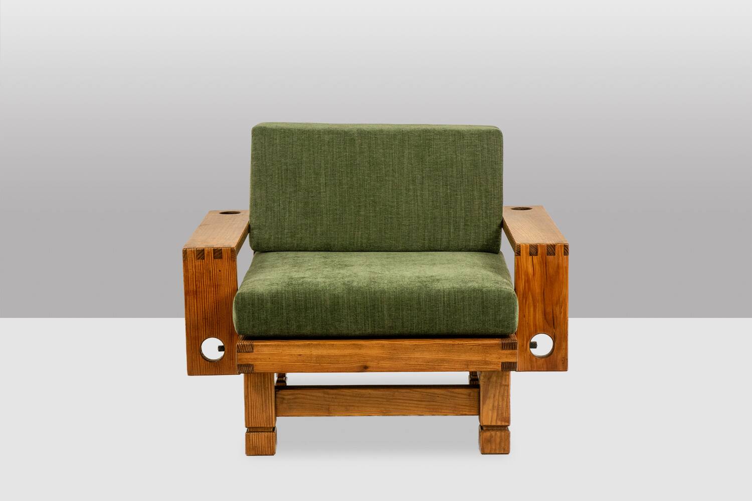 Pair of modernist style armchairs in pitch pine. 1960s.
