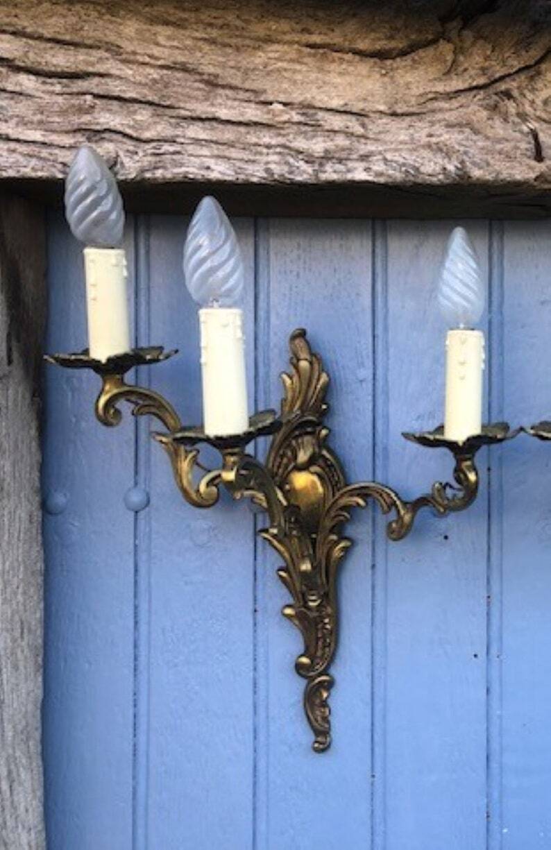 Pair of French Vintage Rococo Gilt Bronze Wall Sconces: Ornate 3-Arm Lamps