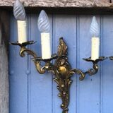 Pair of French Vintage Rococo Gilt Bronze Wall Sconces: Ornate 3-Arm Lamps