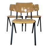 Lot de 3 chaises d’école Galvanitas s30 bois clair pieds compas bleus années 80 Pays-Bas