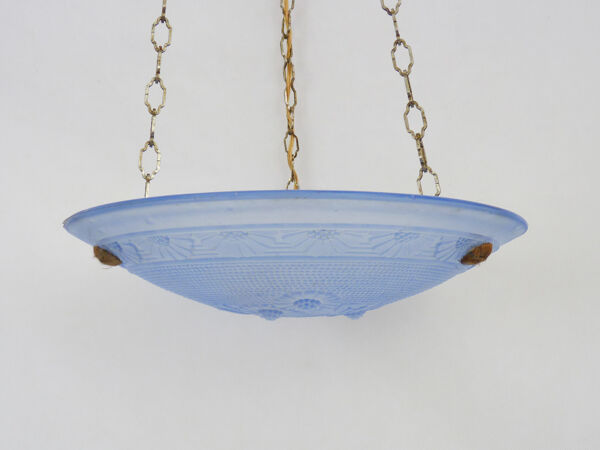 Suspension vasque Art Déco 1 Feu en verre bleu. Signé Delmas. Année 30