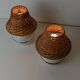 Pair of vintage table lamps – white metal with rattan shades, gold details, Italy 1980s
