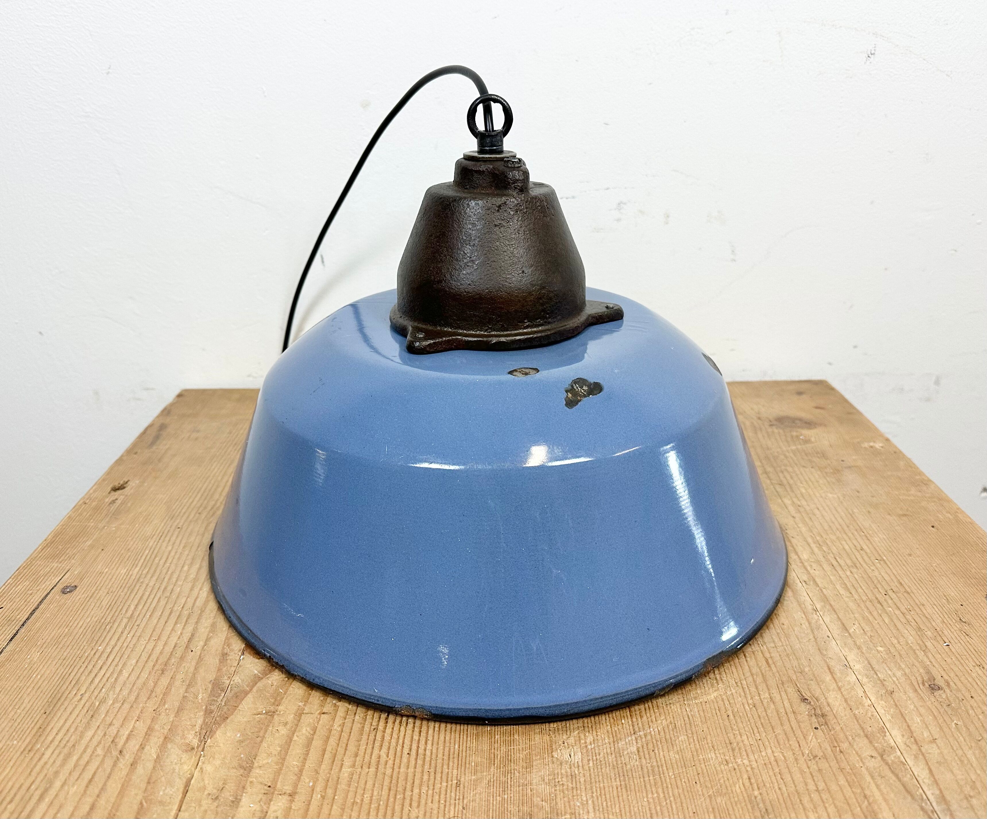 Industrial Blue Enamel and Cast Iron Pendant Light with Glass Cover, 1960s
