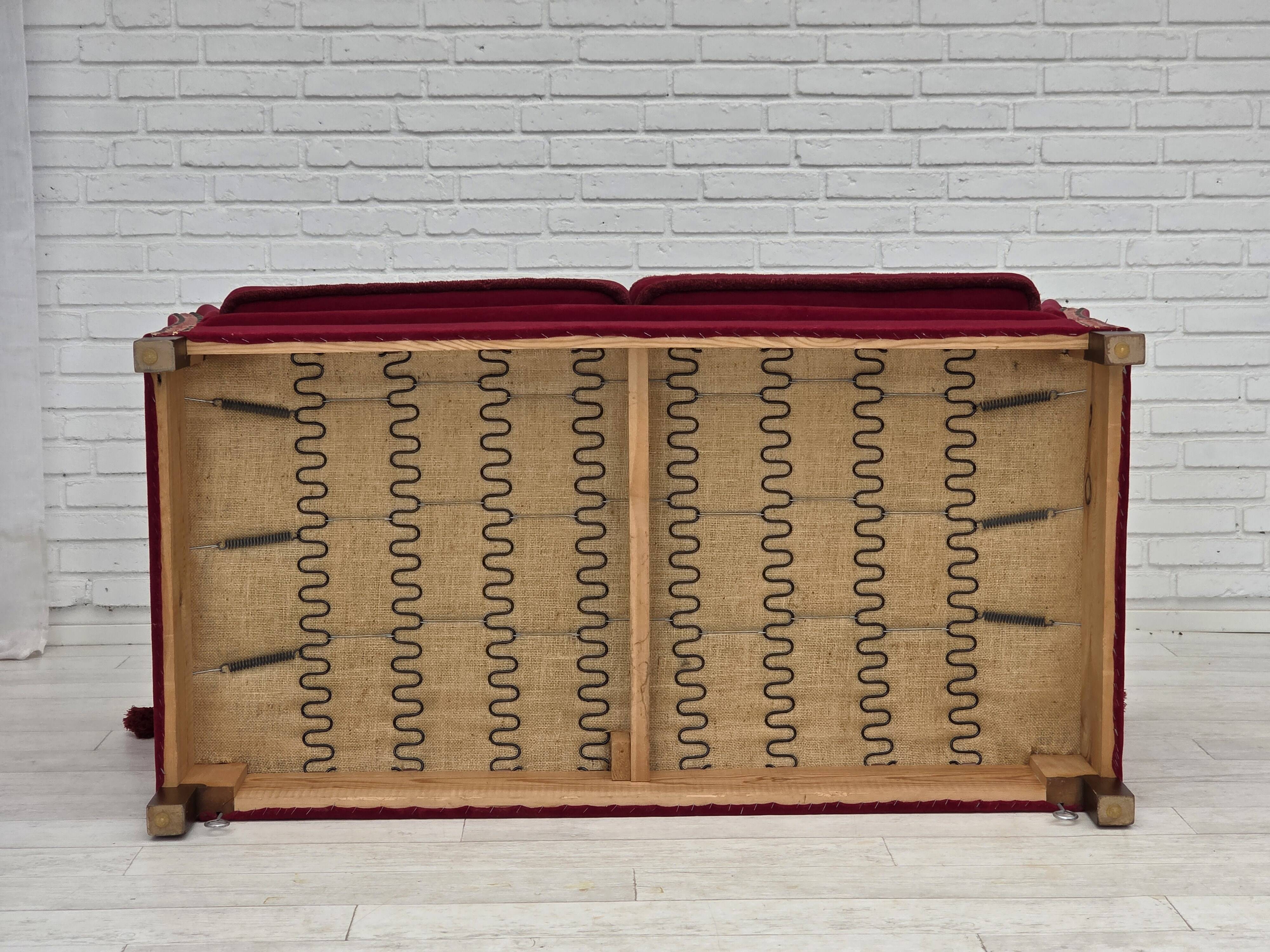 1970s, Danish 2-seater "Spanish" drop arm sofa, red furniture velour.