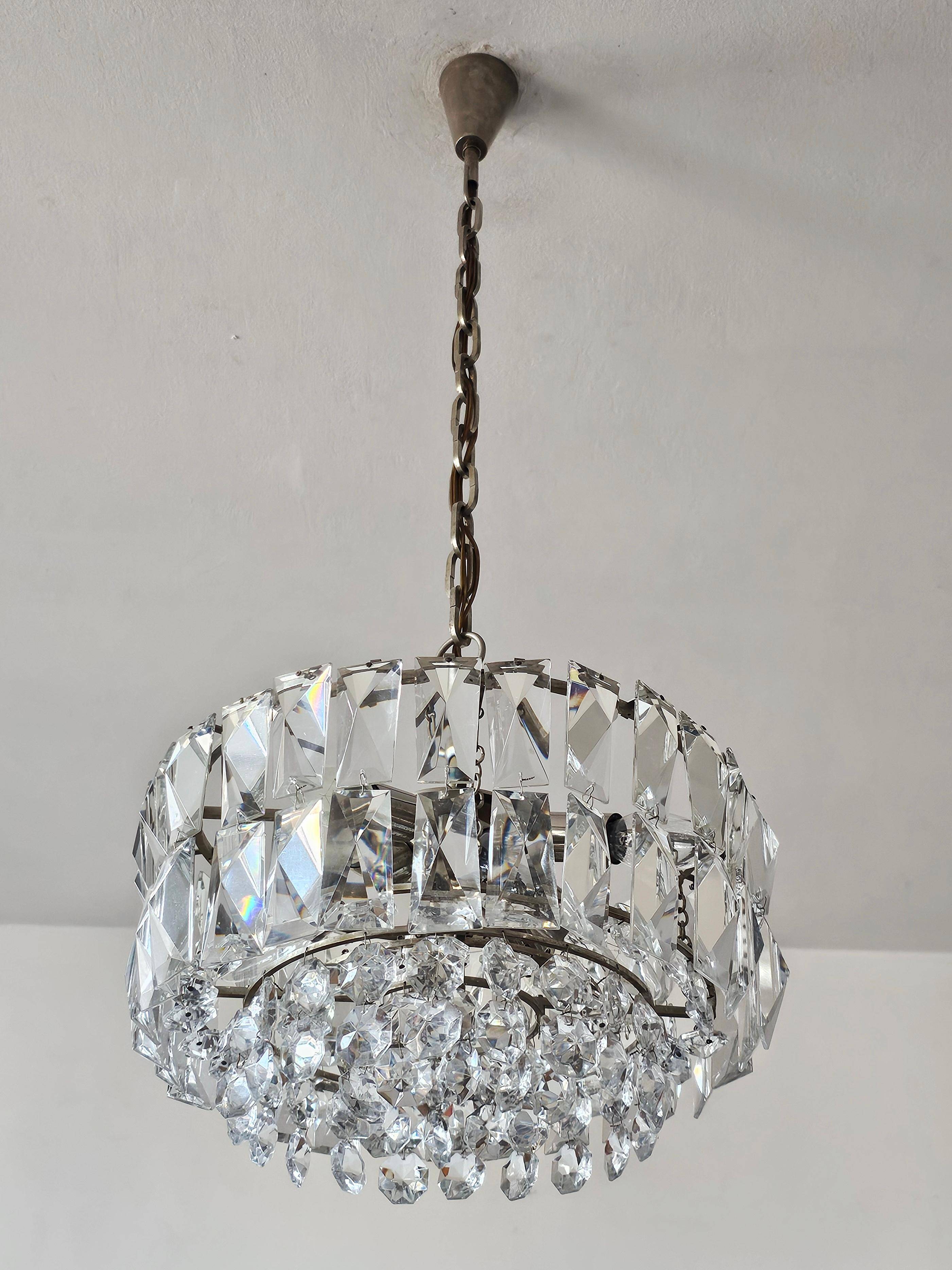 Nickel-plated crystal chandelier Mid Century Modern by Bakalowits
