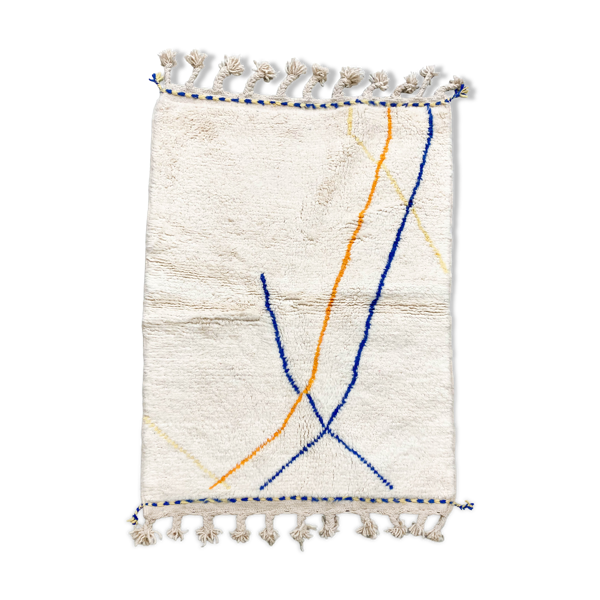 Tapis berbère marocain beni ouarain écru à lignes colorées 145x98cm