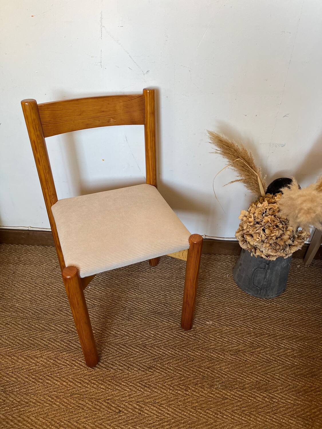 Vintage wooden chair with cream white corduroy seat