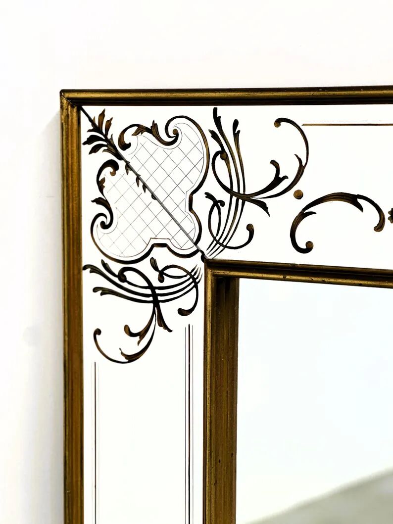 Large Vintage French Bistro Mirror with Hand-Painted Decoration and Gold Frame