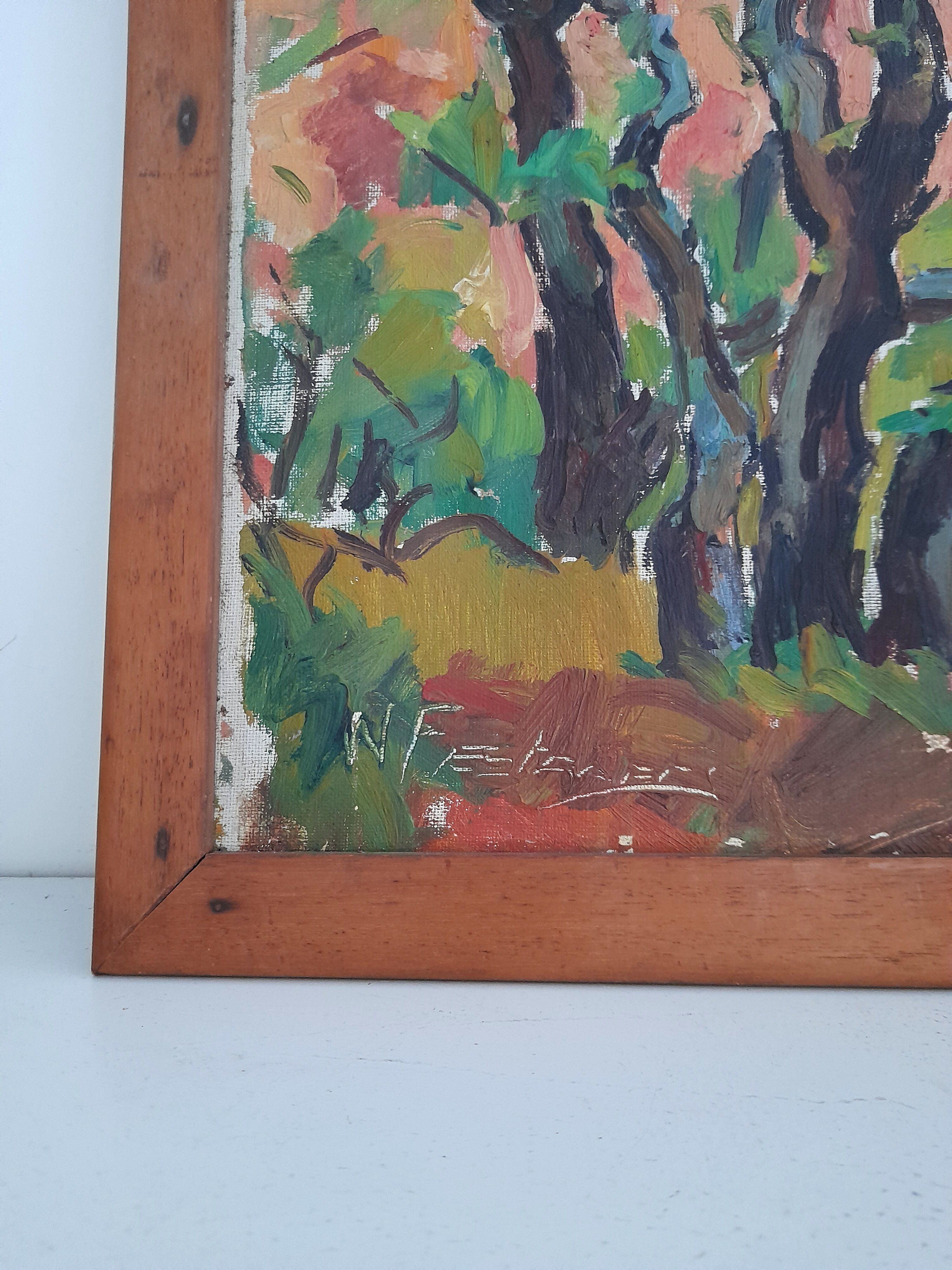 Oil on canvas scene of trees from the 1950s.