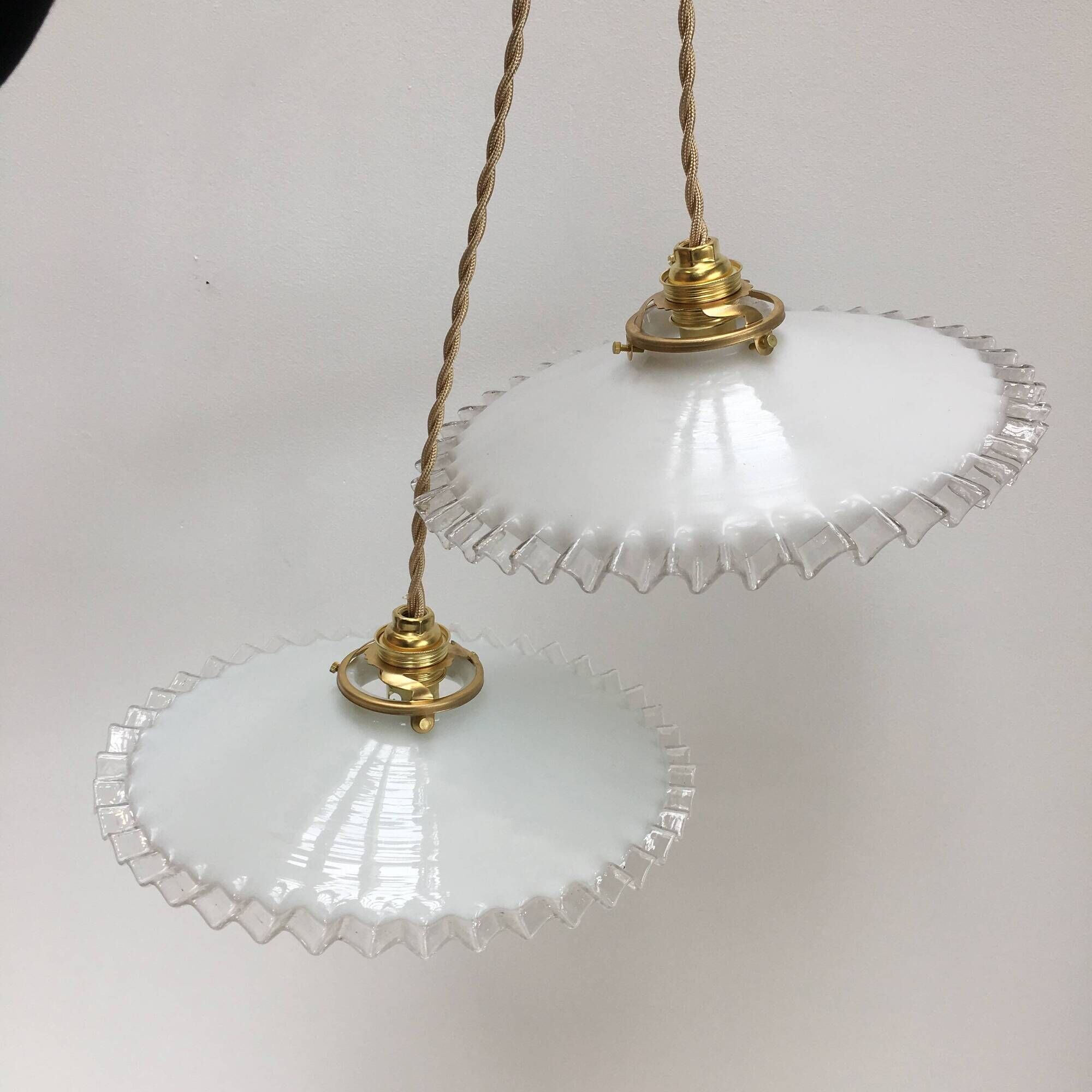 Pair of vintage white opaline pendant lamps with serrated edges