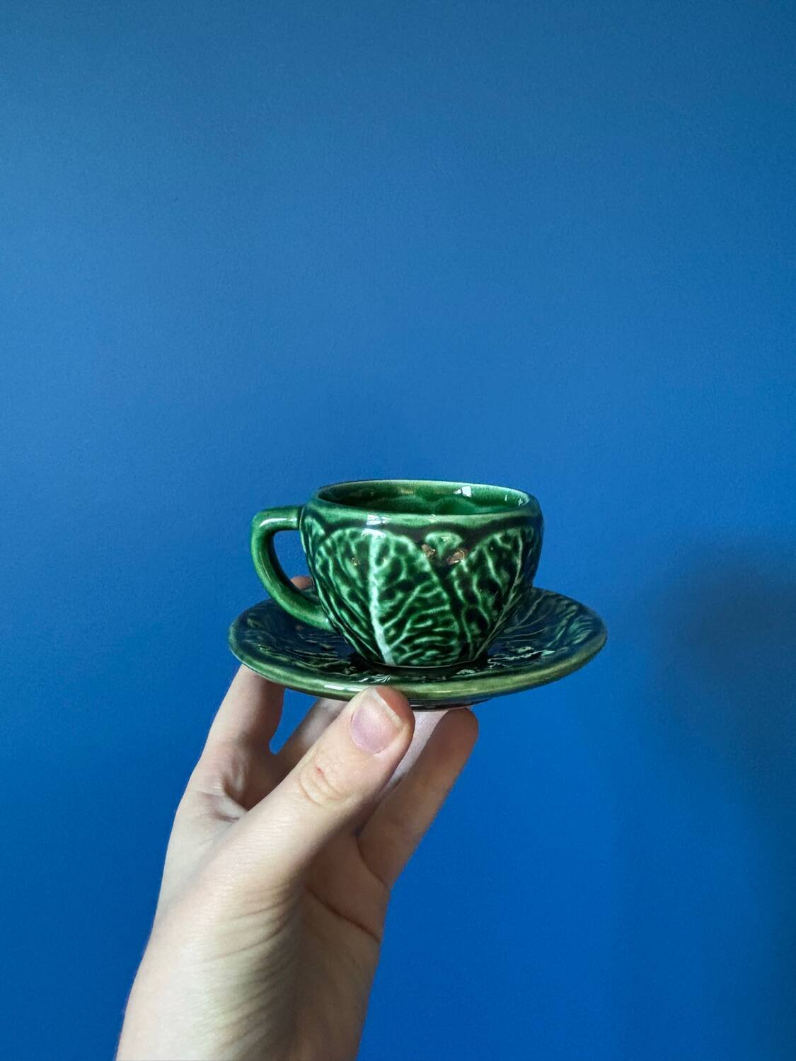 Lot de 6 tasses à café vintage en barbotine chou vert – faïence vintag