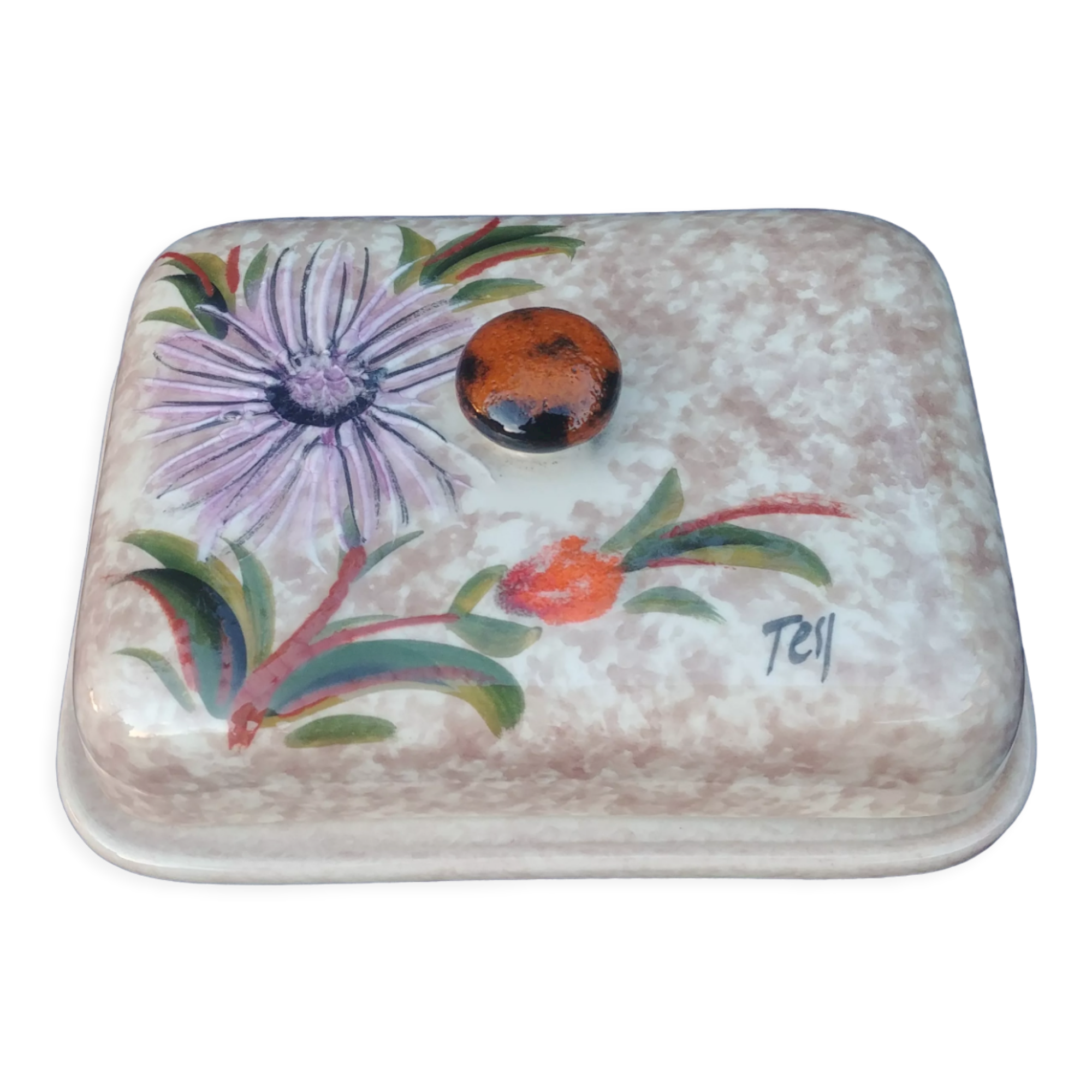 Large glazed ceramic butter cellar Vallauris signed Tess years 60/70 flower decoration in relief.