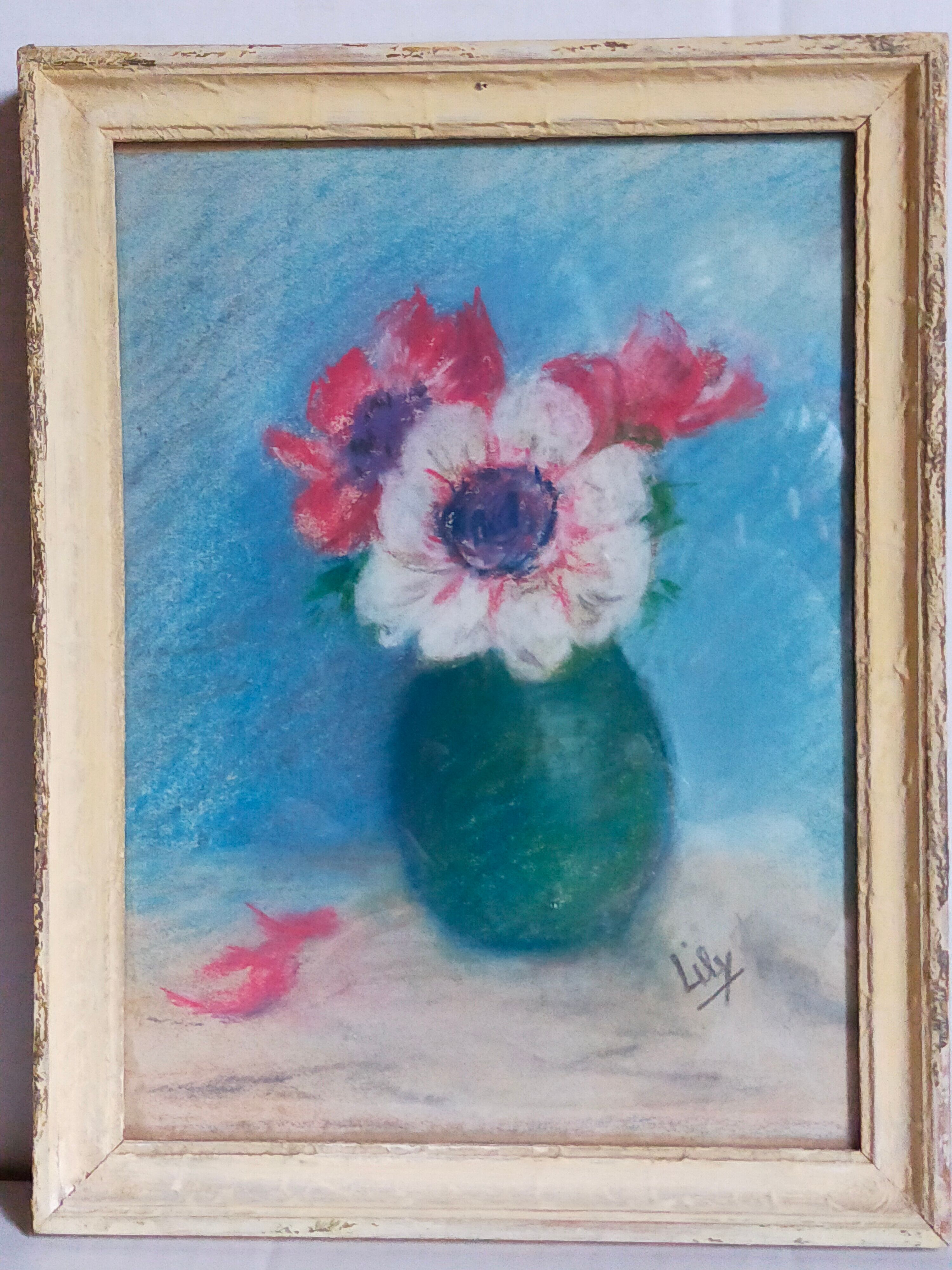 Pastel encadré "Les anémones" vintage