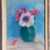Pastel encadré "Les anémones" vintage