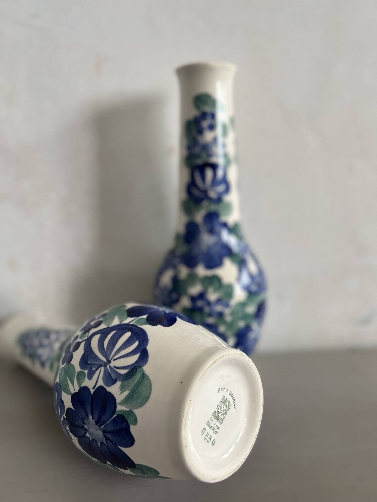 Lot of large Polish ceramic vases with hand-painted blue floral decoration