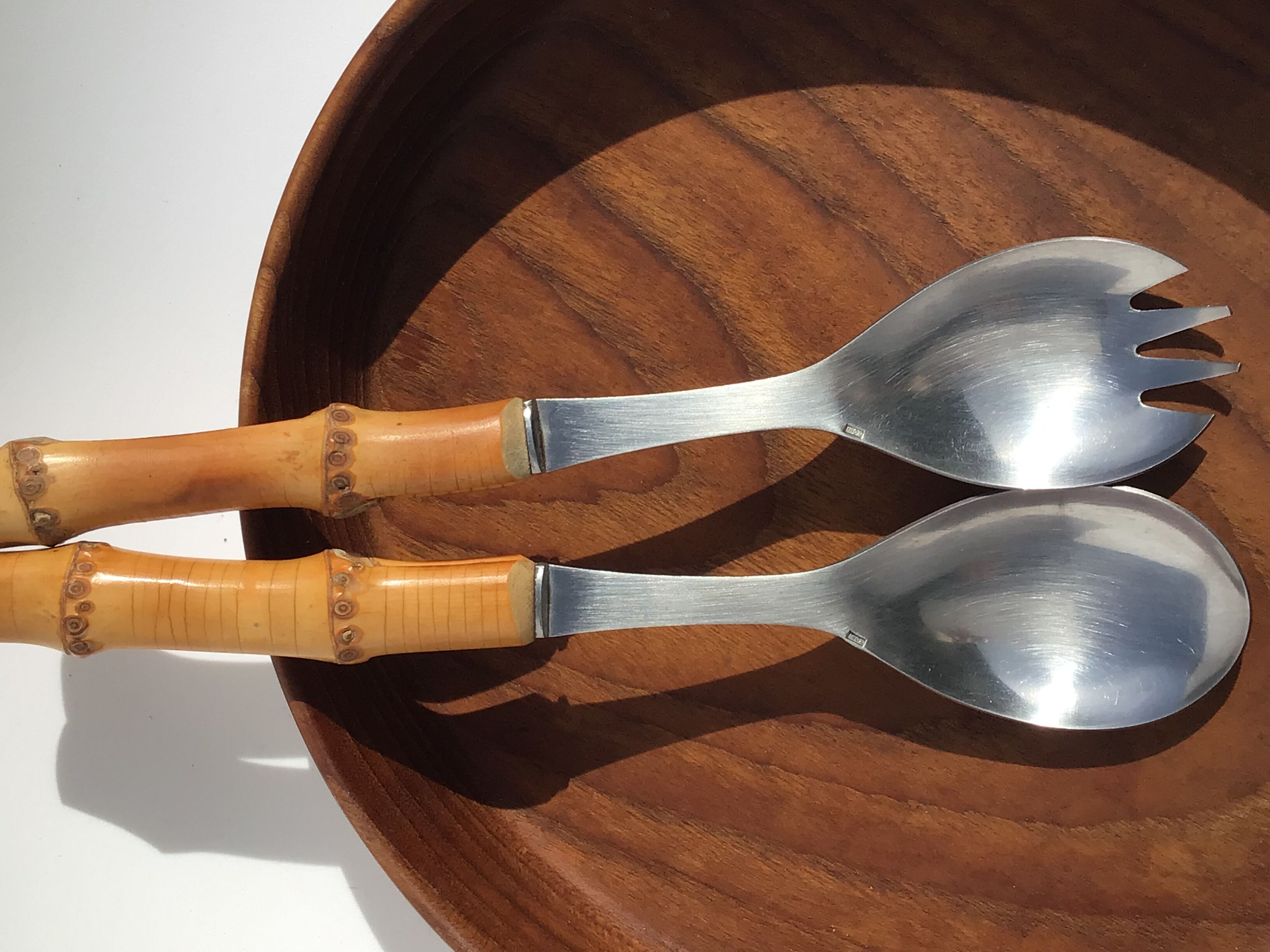 Salad cutlery in natural bamboo and stainless steel 70's