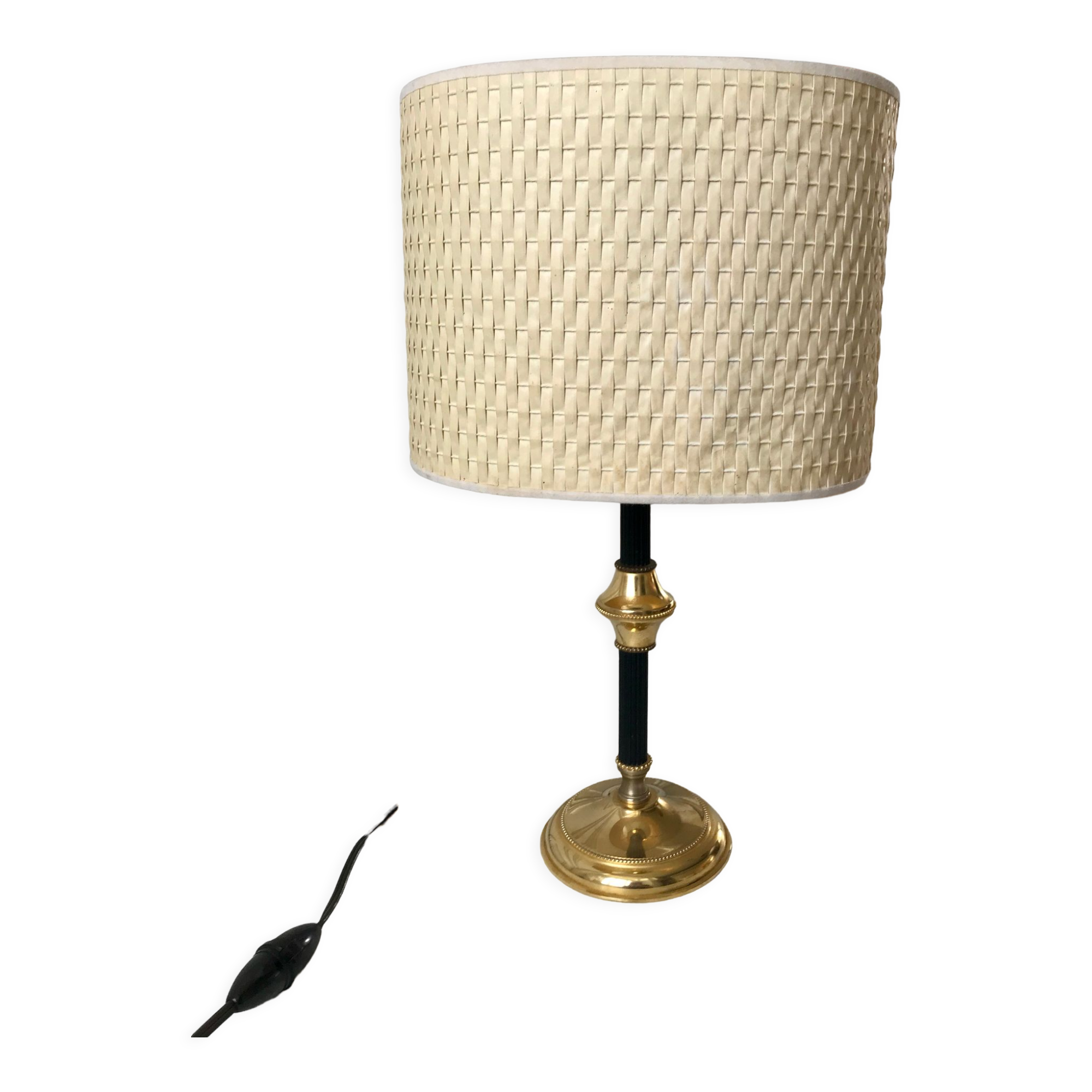 Brass and black metal lamp with woven lampshade woven 50s