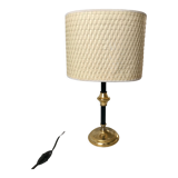 Brass and black metal lamp with woven lampshade woven 50s