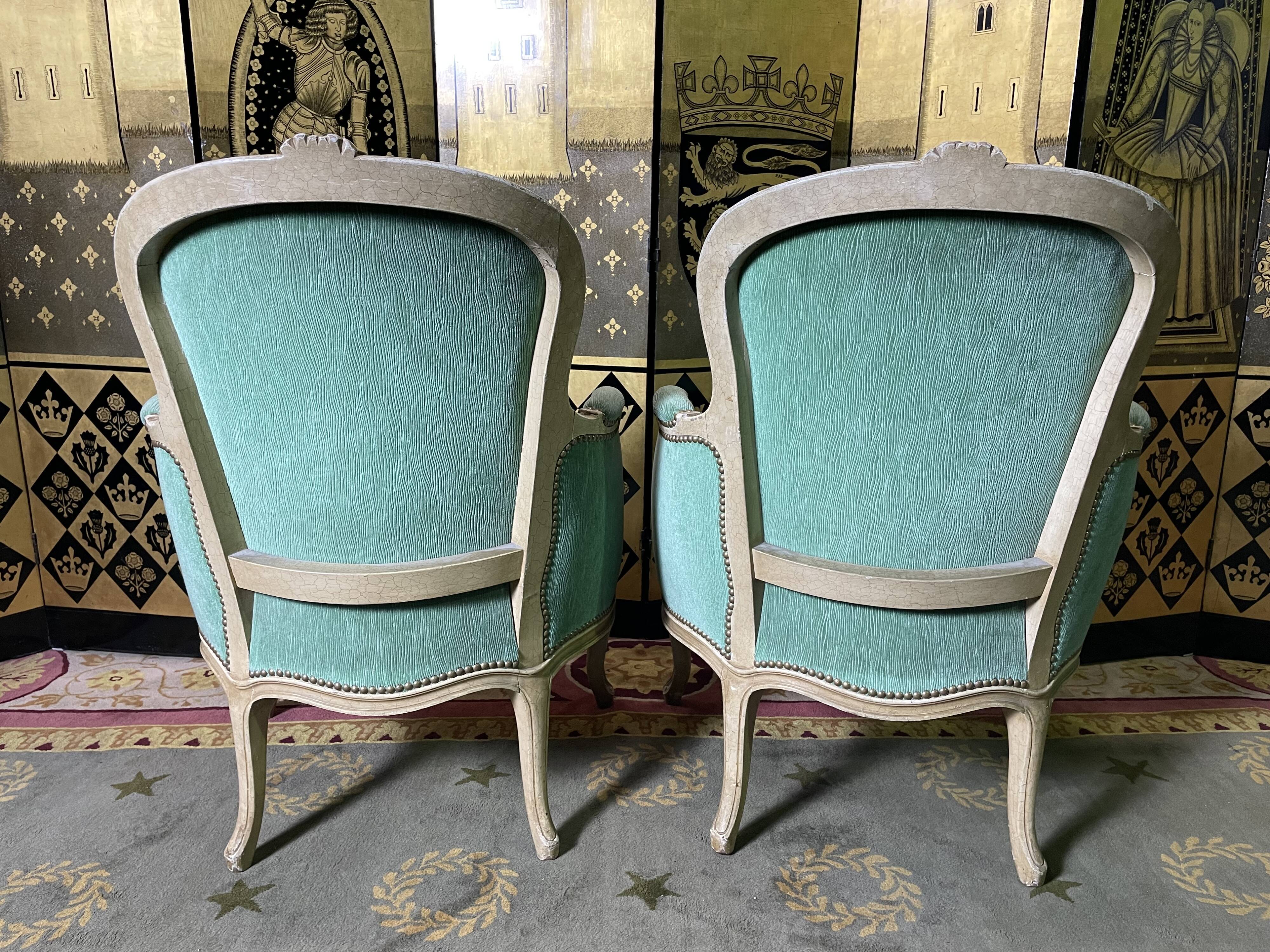 Pair of green Louis XV style bergères armchairs