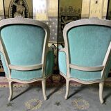 Pair of green Louis XV style bergères armchairs
