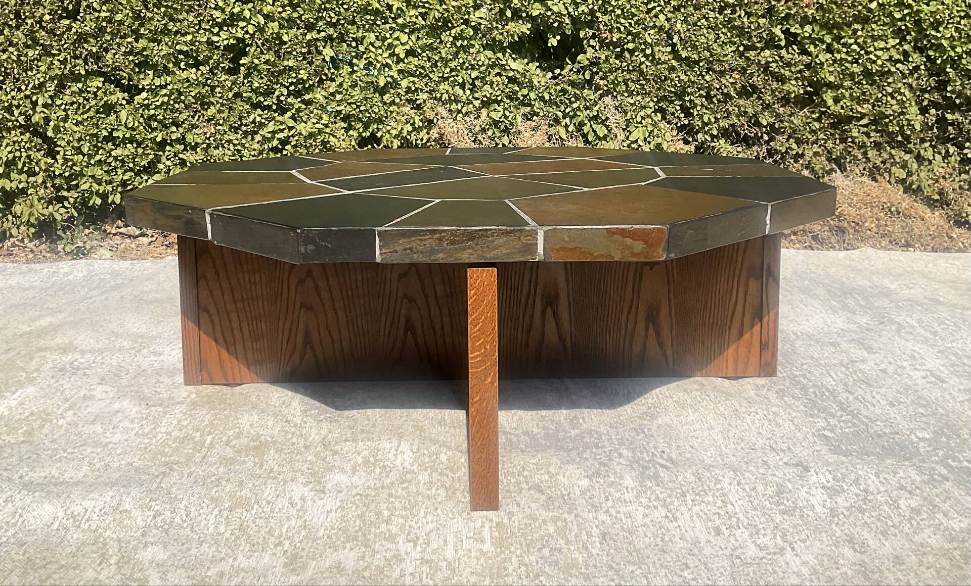 Brutalist octagonal coffee table from the 1970s in solid oak and slate.