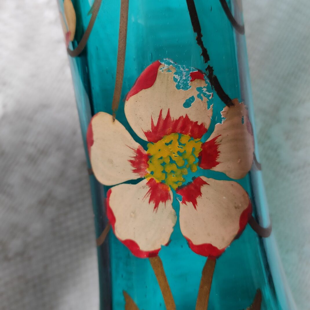 Large art nouveau turquoise blown glass vase
