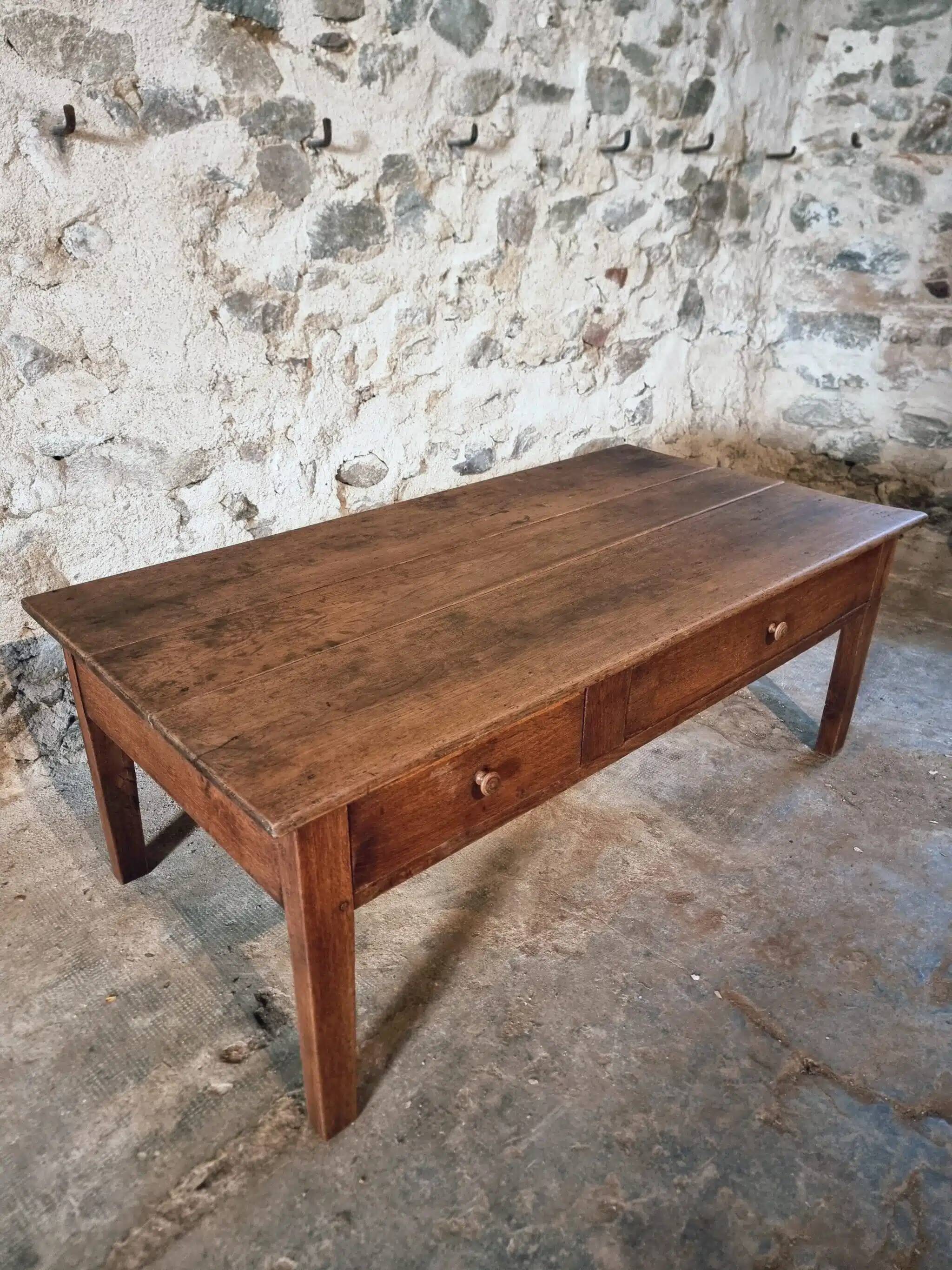 Table basse ancienne en chêne français – Table de ferme rustique du XIXe siècle avec tiroir et panneau de rangement coulissant, vers 1850