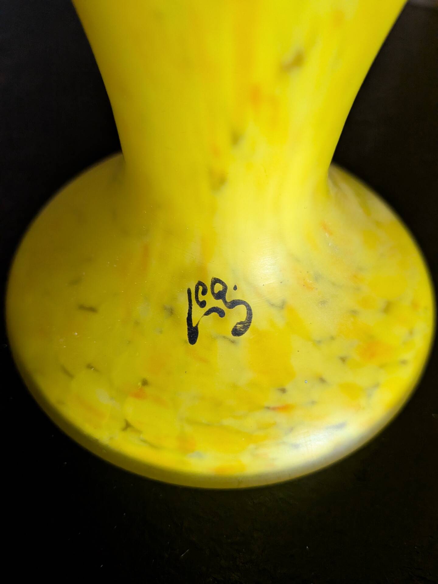 Pair of Legras vases — yellow marbled glass, enamelled Art Deco decoration,