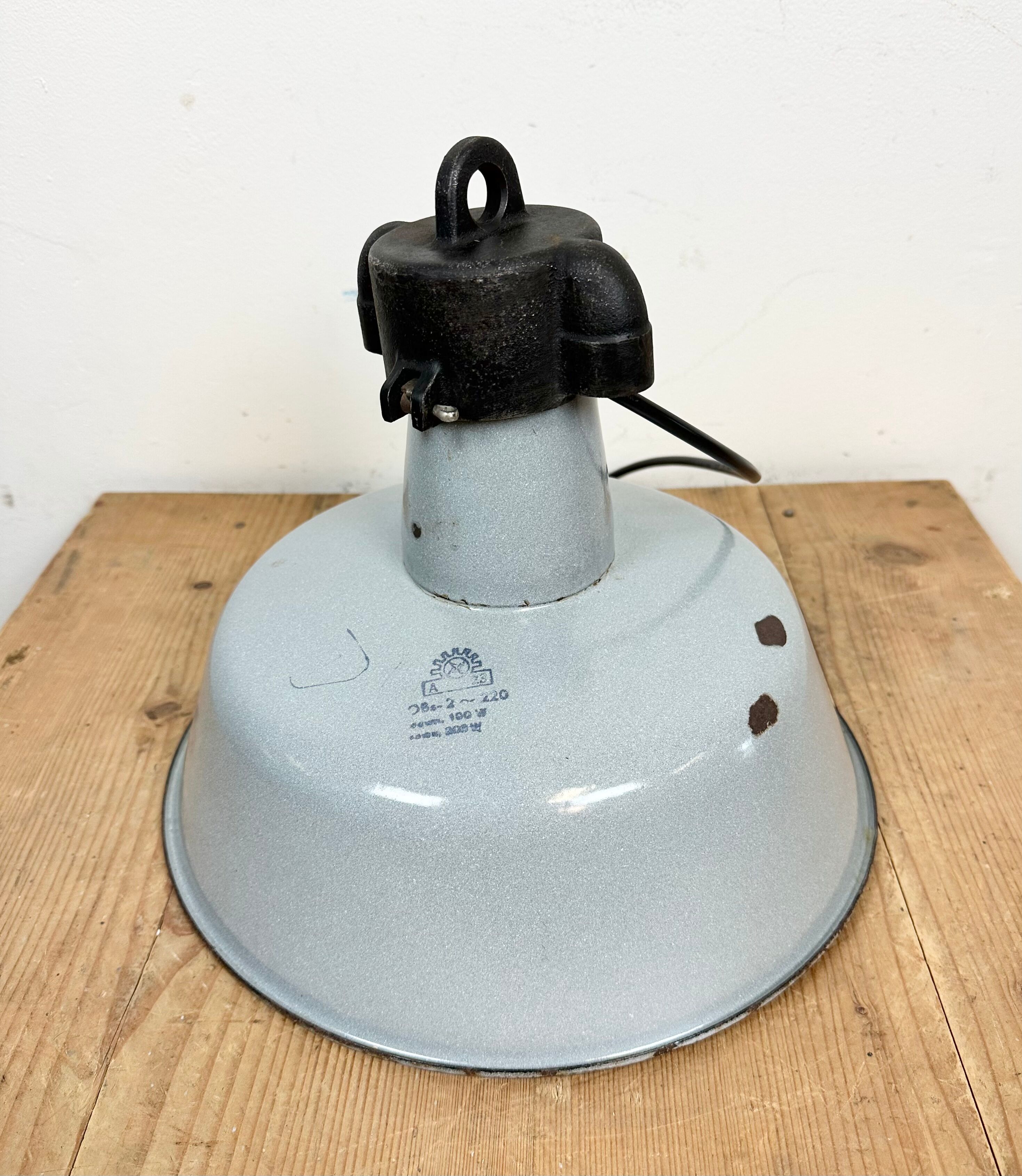 Industrial Grey Enamel Factory Lamp with Cast Iron Top, 1960s