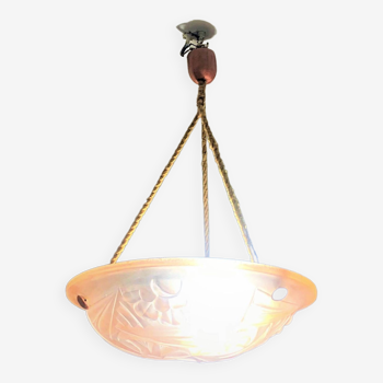 Art Deco Suspension Lamp in Pastel Pink Frosted Glass Signed Degué France 1930s