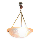 Art Deco Suspension Lamp in Pastel Pink Frosted Glass Signed Degué France 1930s