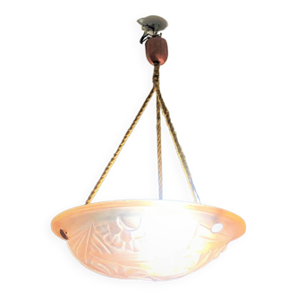 Art Deco Suspension Lamp in Pastel Pink Frosted Glass Signed Degué France 1930s