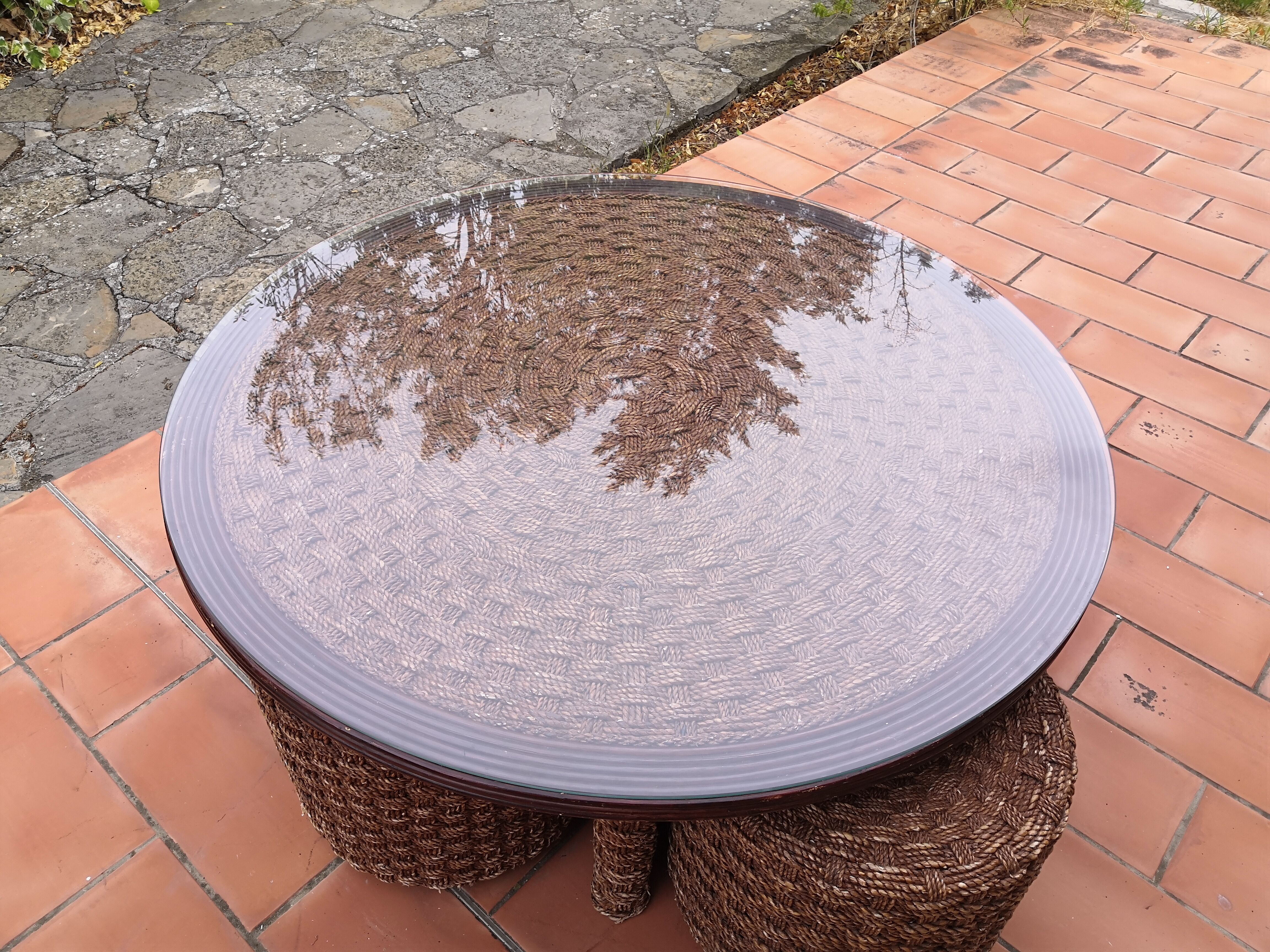 Living room set, vintage rope coffee table with 4 stools 1950