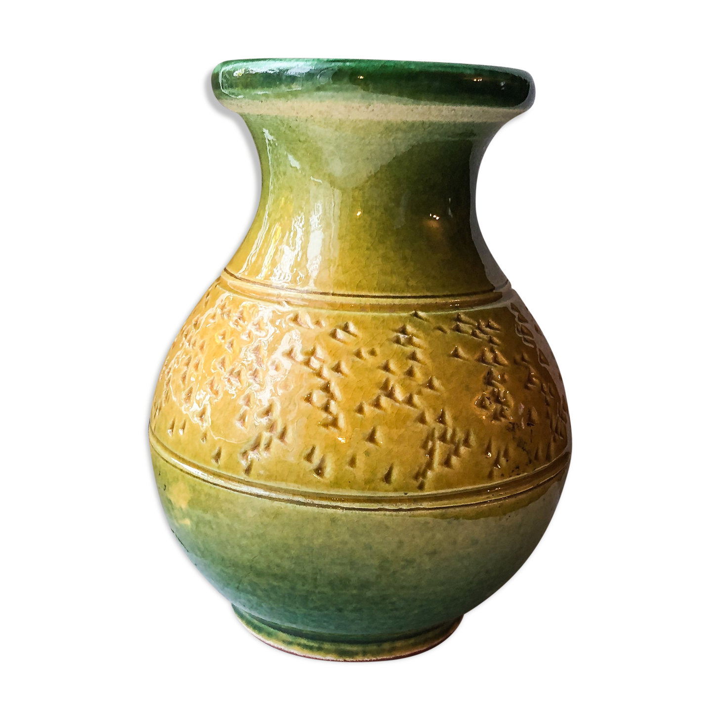 Yellow and green enamelled terracotta vase