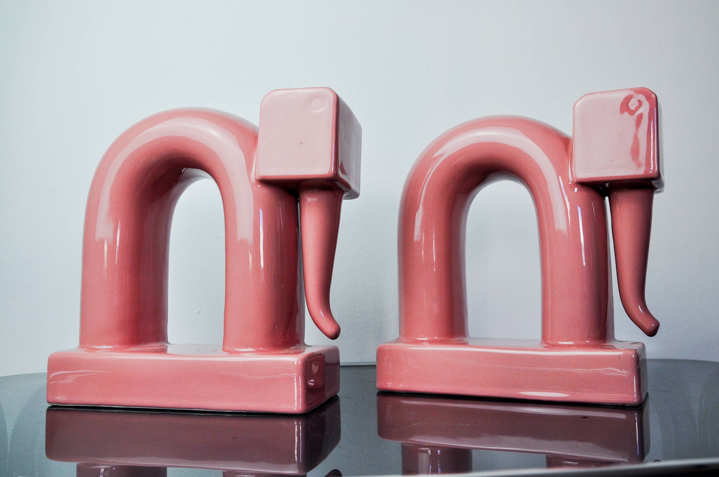 Pair of pink elephants by Guadalupe Coronado, Bookends, ceramic, Spain, 1980