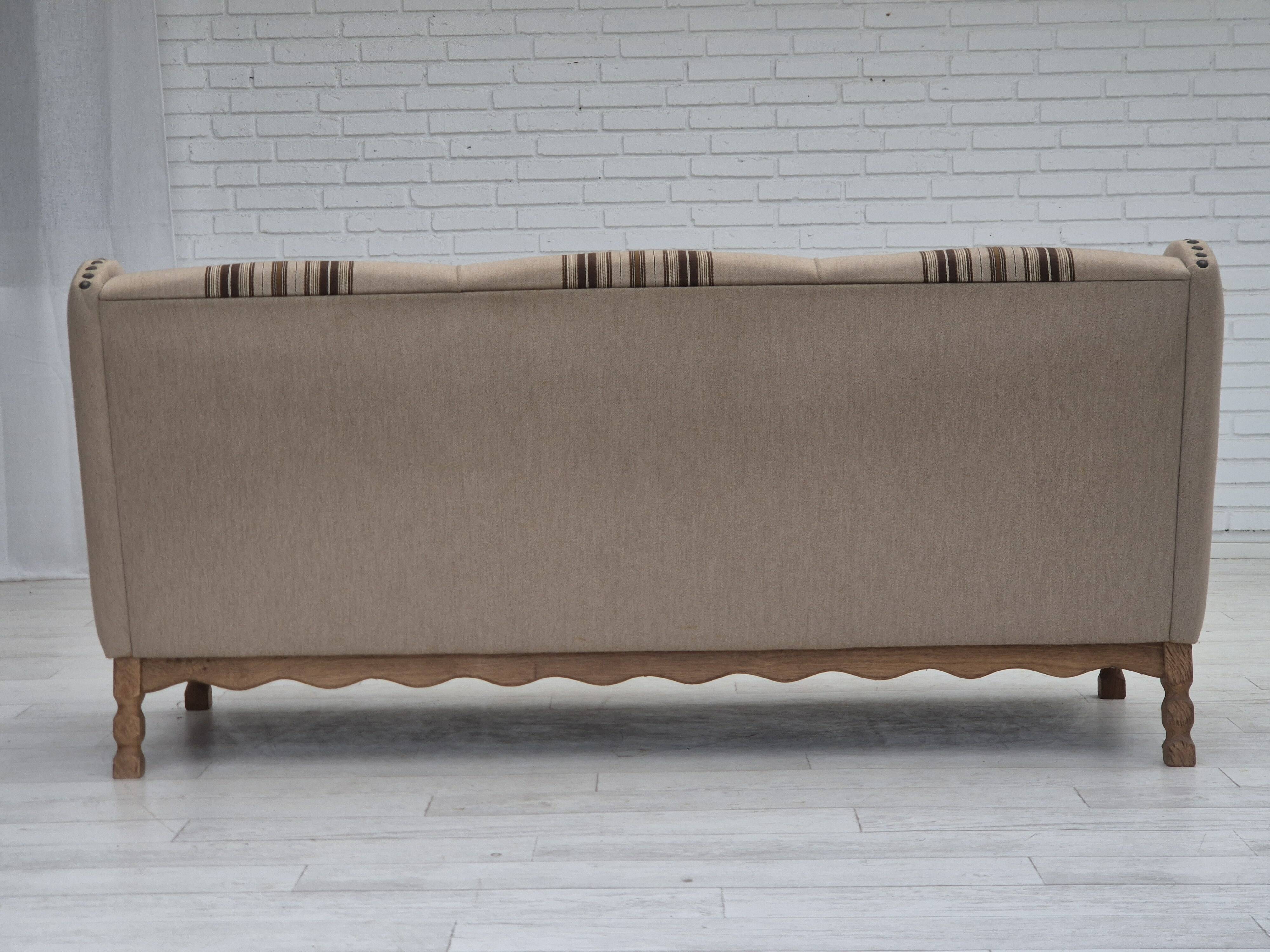 1970s, Danish 3-seater sofa, furniture wool fabric, oak wood, original.