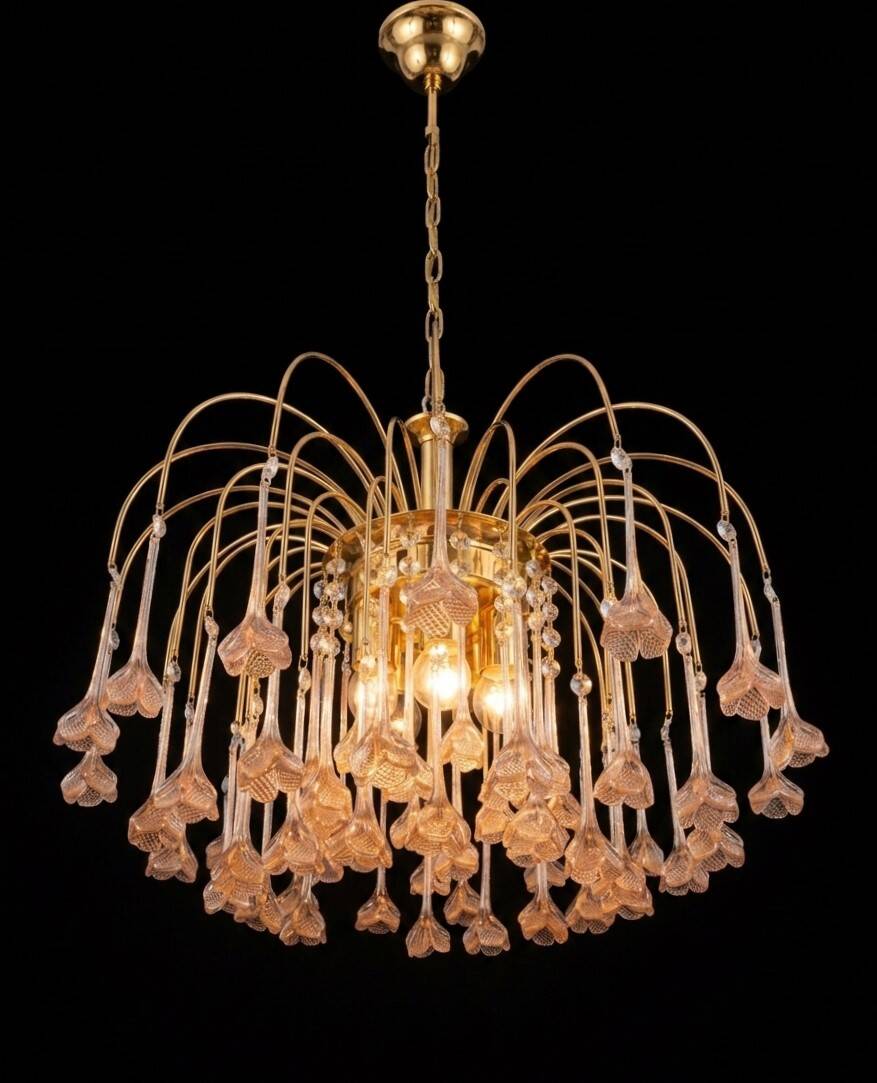 Vintage chandelier rain gold with handmade Murano glass pink flowers.
