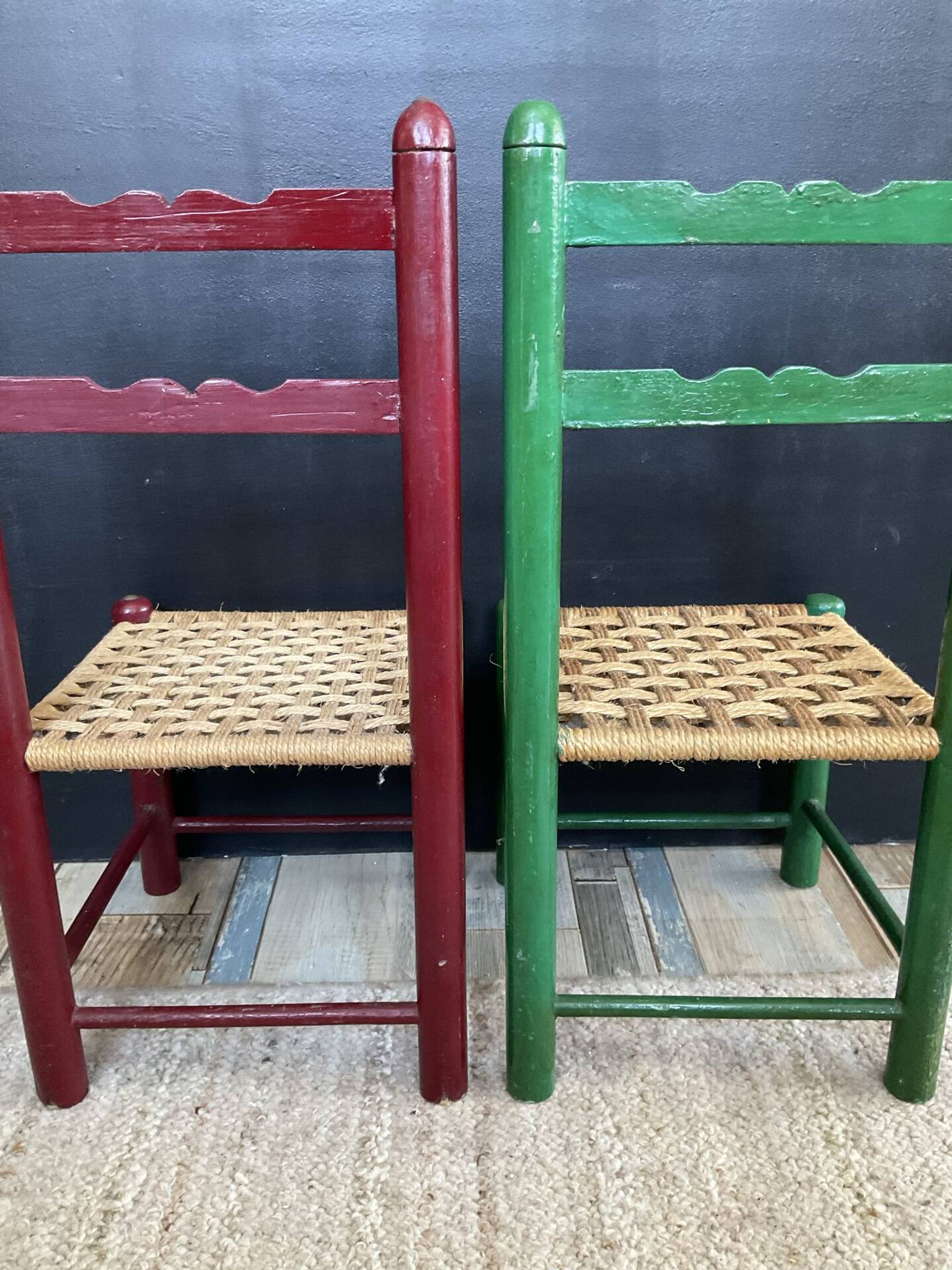 Vintage wooden and rope children's chair pair
