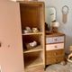 Asymmetrical floral wardrobe, natural oak & powder pink