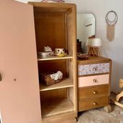 Asymmetrical floral wardrobe, natural oak & powder pink